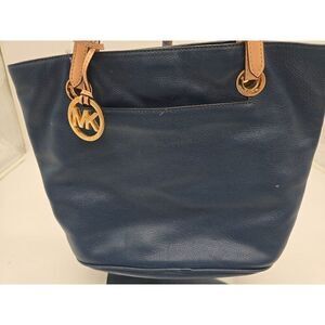 Michael Kors Navy Tote Bag With Gold Logo & Beige Straps
